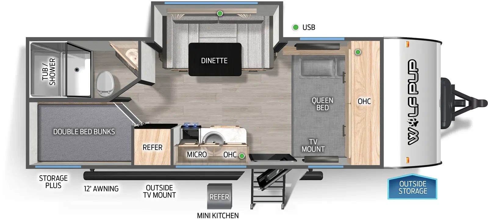 The Cherokee Black Label 17JWBL floorplan has one entry and one slide out. Exterior features include: fiberglass exterior, 12' awning and outside kitchen. Interiors features include: bunk beds, u-dinette and front bedroom.